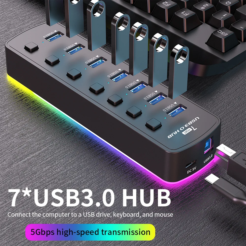 

7 портов USB 3.0 Hub RGB Порт данных Адаптер 5 Гбит/с Индивидуальный переключатель включения/выключения Разветвитель Игровой USB-концентратор для ноутбука ПК Компьютерный аксессуар
