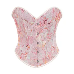 Pink Floral Printed Denim Boned Hot Sexy Overbust Corset Bustier Top Women Vintage Gothic Clothes Steampunk Espartilho Feminino