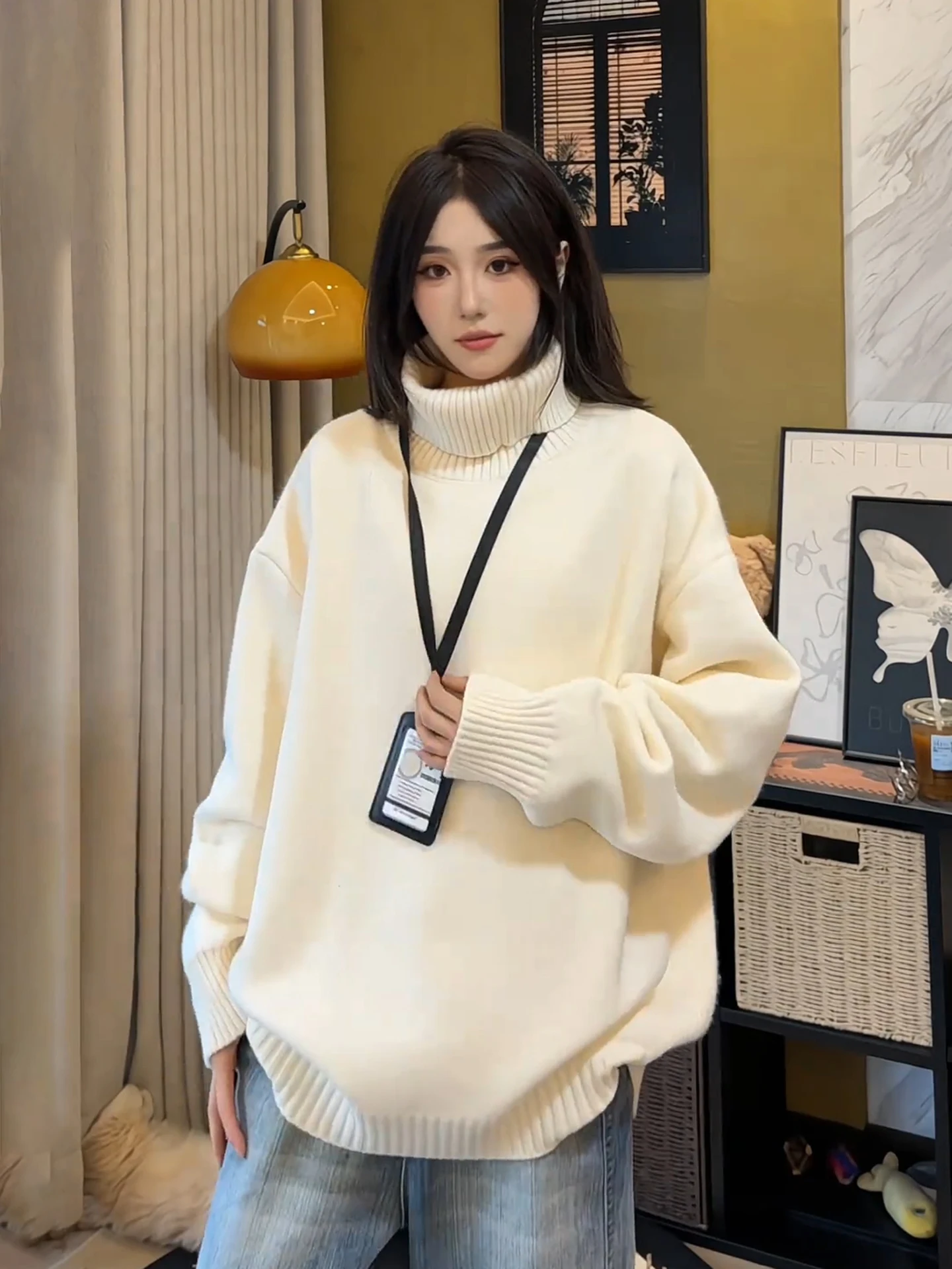 

High Collar Knitted Sweater Men's Inner Wear Beige Loose Fit Comfortable mid Gauge Wool Blend Casual Sle Autumn Winter Top