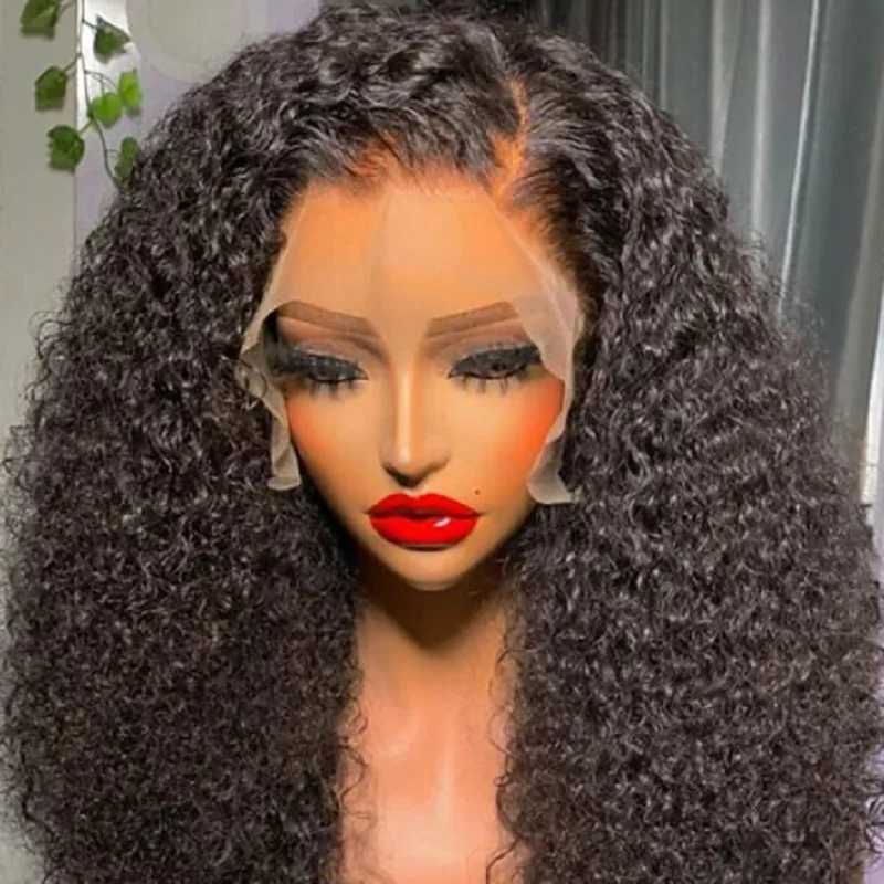 Long 26Inch 180%Density Black Preplucked Glueless Kinky Curly Lace Front Wig For Black Women BabyHair Natural Hairline Daily