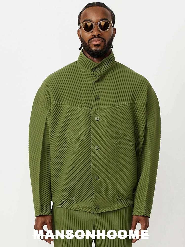 Miyake-メンズプリーツスタンドネックシャツ、スプライスデザイナー