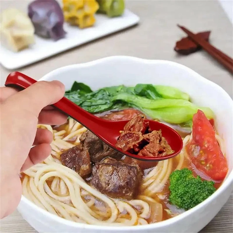 10PCS Red And Black Asian Soup Spoon With Hook-Chinese Style Spoon, Perfect For Rice Pho Ramen Noodle Soups Durable