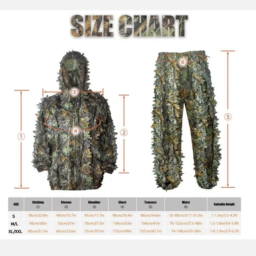 Breathable Camouflage Hunting Suit for Men Woman Lightweight and Hooded Wild Leafy Design Woodland Hunter Ghillie suit  5 in 1