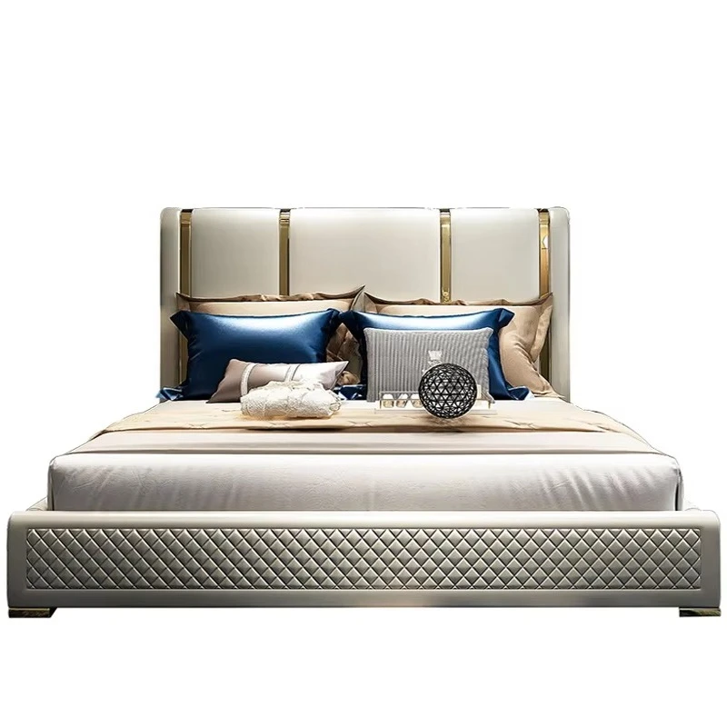//Modern Luxury Bedroom Furniture Bedroom Set King Size Solid Wood Genuine Leather Bed