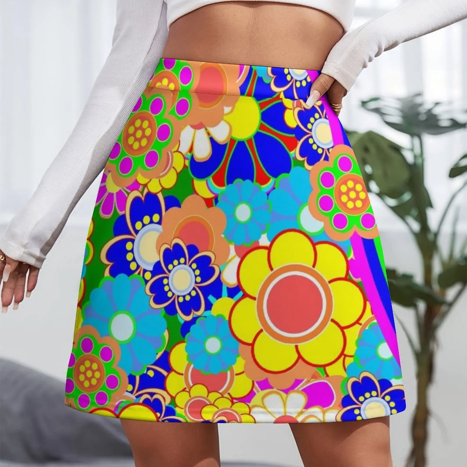 Retro Vintage Flower Power Rainbow Pattern Mini Spódniczka sukienki letnie kobiety 2025 ekstremalna mini sukienka