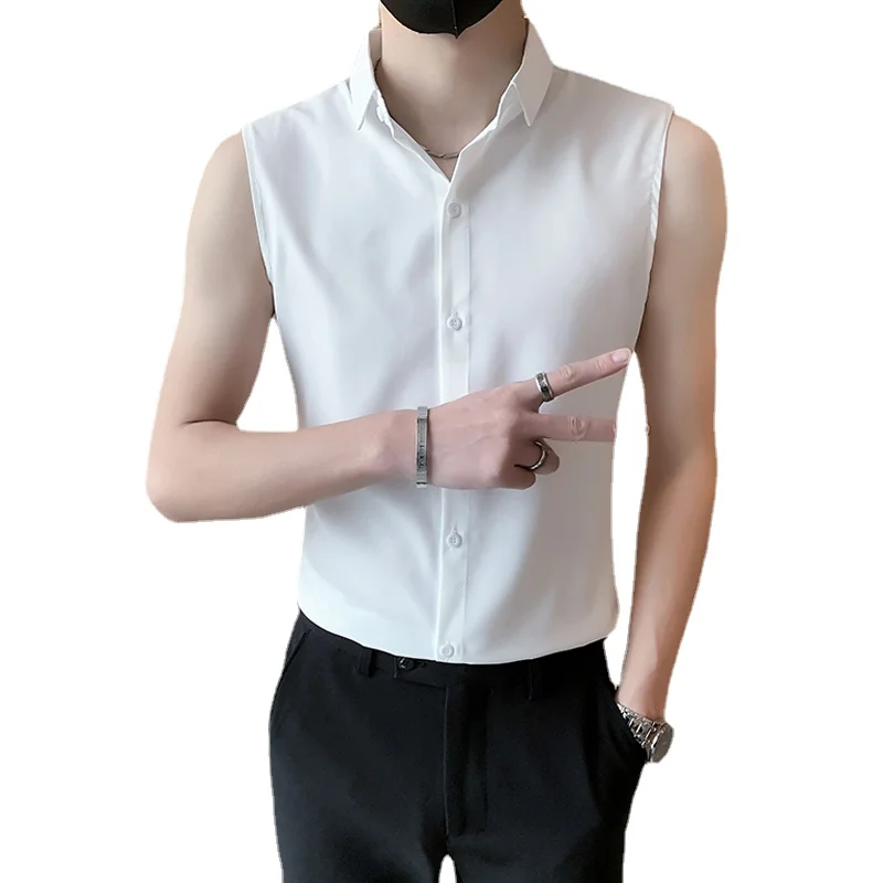 Spring 2024 Black Men\'s Sleeveless Shirt, Fashionable Slim Shirts, Men Single Breasted Lapel Summer Top Camisas Para Hombre