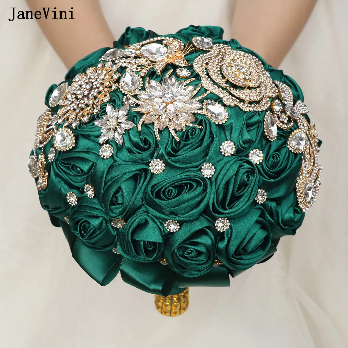 JaneVini-ramos de novia con diamantes de imitación dorados, joyería hermosa, rosas artificiales de satén, verde oscuro, flores de sujeción para novia de boda, 2024