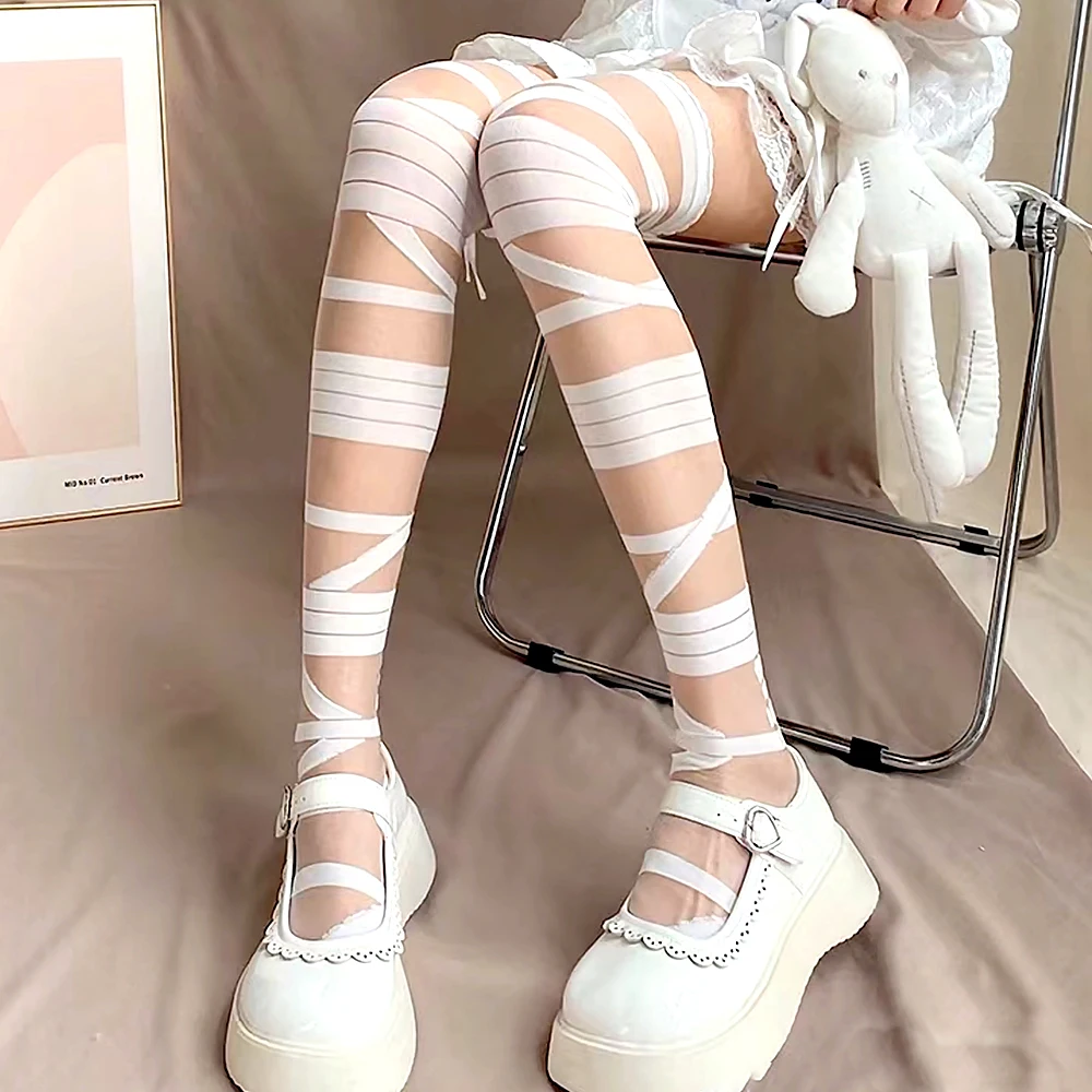 Jk Tie Lace Fishnet Stockings Bandage Irregular Calf Socks Women's Middle Tube Socks Straps Summer Sexy Long Japanese Socks