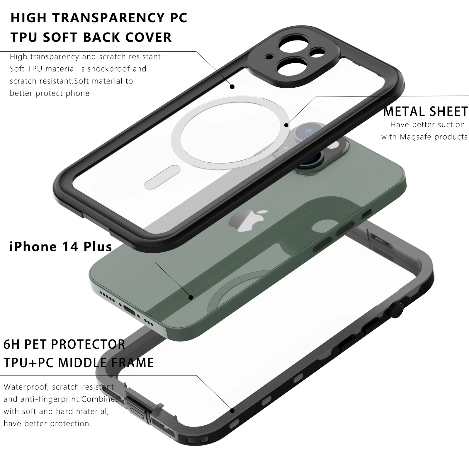 For iPhone14plus phoneCase 2M Waterproof, Shockproof, Snowproof, IP68 Full Sealed Rugged Protective Cover, Anti-Drop Phone Shell