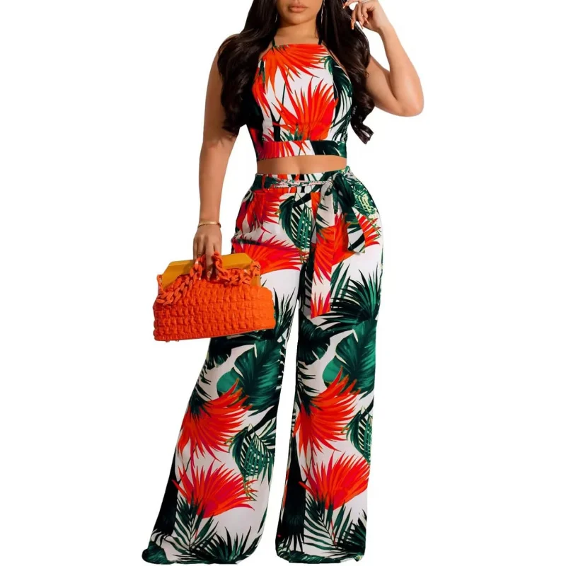 

Elegant Two Piece Outfits for Women Sexy Bandage Top Long Straight Pants Swimwear Sets Coverups Vacation Beach