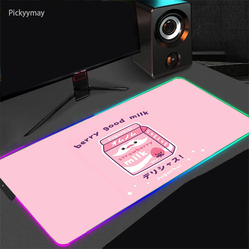 

Pink Trawberry Milk RGB Gaming Mouse Pad LED Laptop Keyboard Mat Rubber Anti-slip With Backlight Kawaii Mousepad 90x40 CS GO