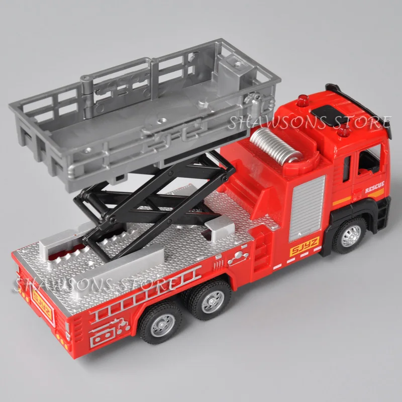 1:50 réplica miniatura do elevador do caminhão do motor de bombeiros do brinquedo modelo fundido da plataforma do salvamento puxar para trás com luz sadia