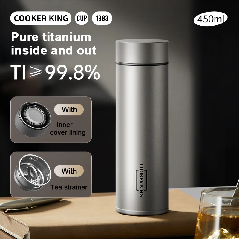 كوب ترمس من التيتانيوم النقي سعة 450 مل من كوكر كينج، زجاجة مياه معزولة خفيفة الوزن مع مصفاة شاي، كوب قهوة للمكتب المنزلي