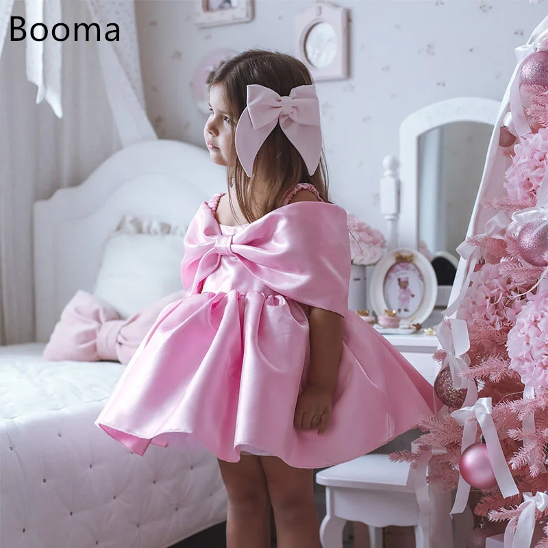 Booma A-Line Flower Girl Dresses Bow Satin Girls Wedding Party Dresses Off The Shoulder Bow Gowns Customized