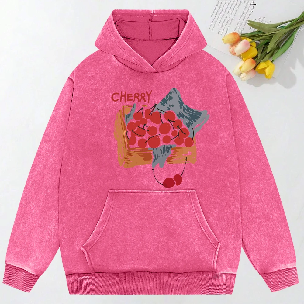 A Basket Of Cherries Printing Washed Clothing Fashion  Loose Hoodie Cotton Autumn Hoody Simplicity Fashion Sportswear Unisex