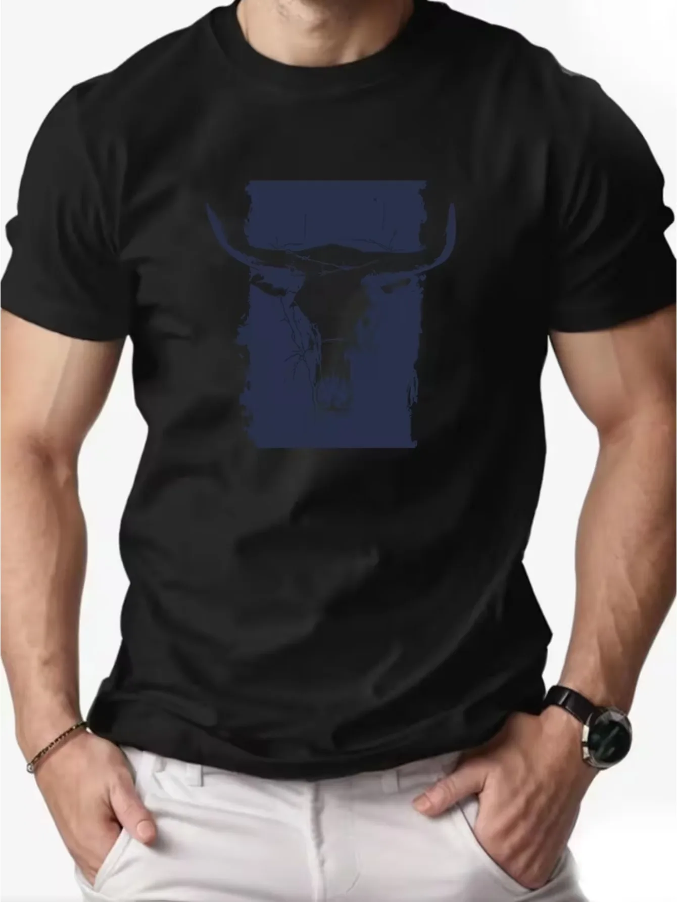 Men'S Bull Head Pattern T-Shirt Red and Navy Blue Casual Summer Short-Sleeved Round Neck Top White Horn Print Design Light