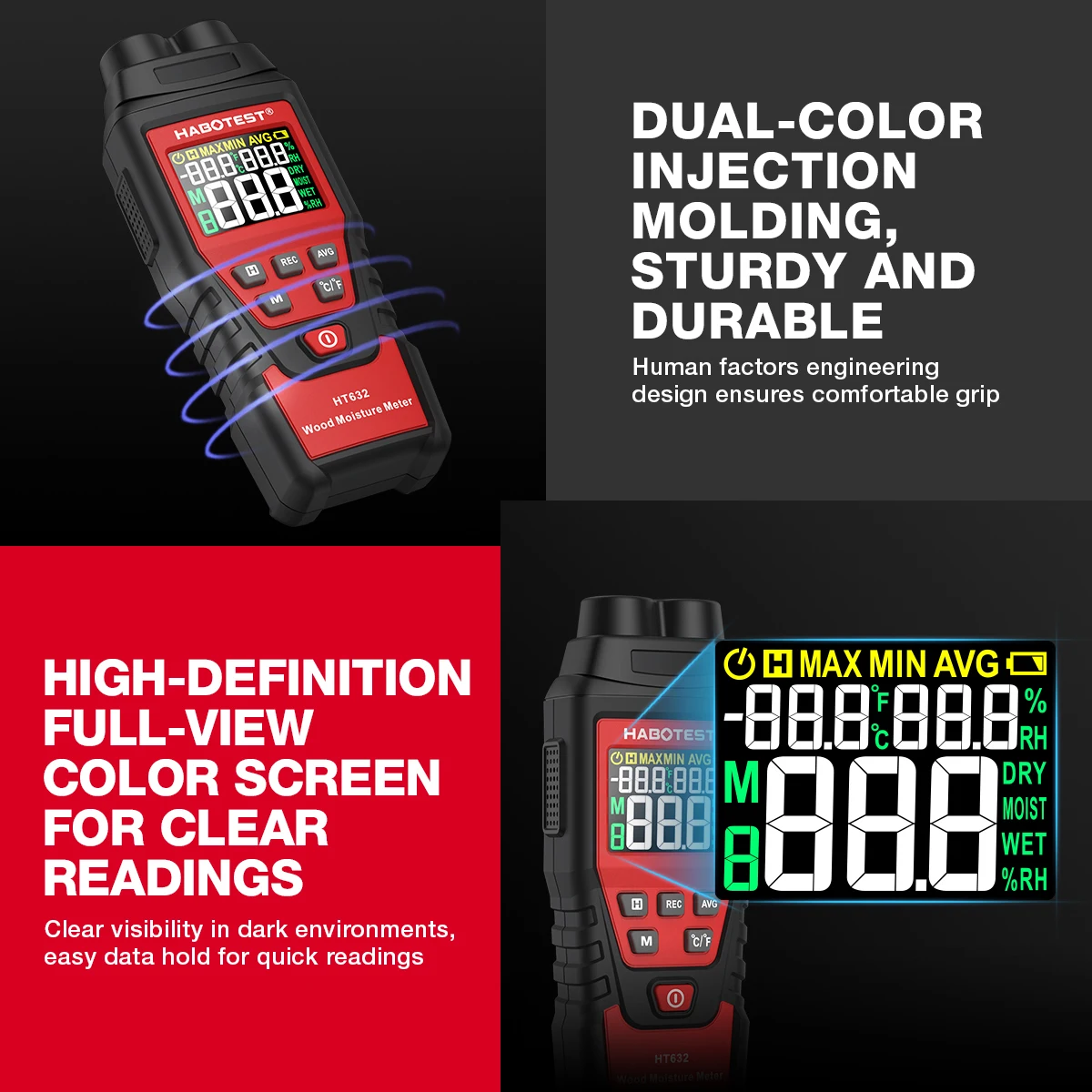 HT632 Wood Moisture Meter Wall Water Tester Digital Humidity Meter HABOTEST Two Pins Hygrometer Concrete Cement Brick Detector