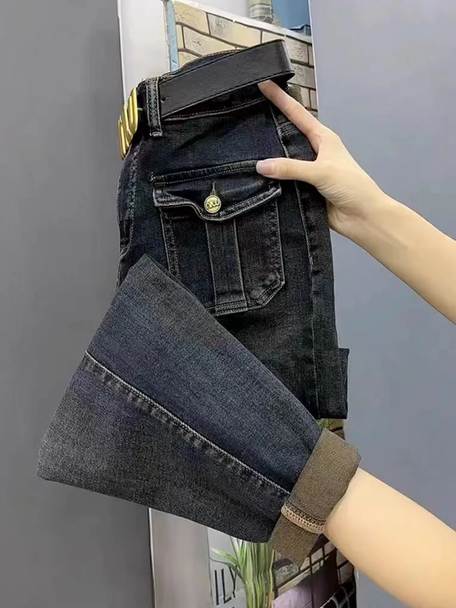 

plus Size High Waist Fce Lined Straight Leg Denim Jeans Women's Autumn Winter Slimming Dad Sle Nine Patchwork Trousers