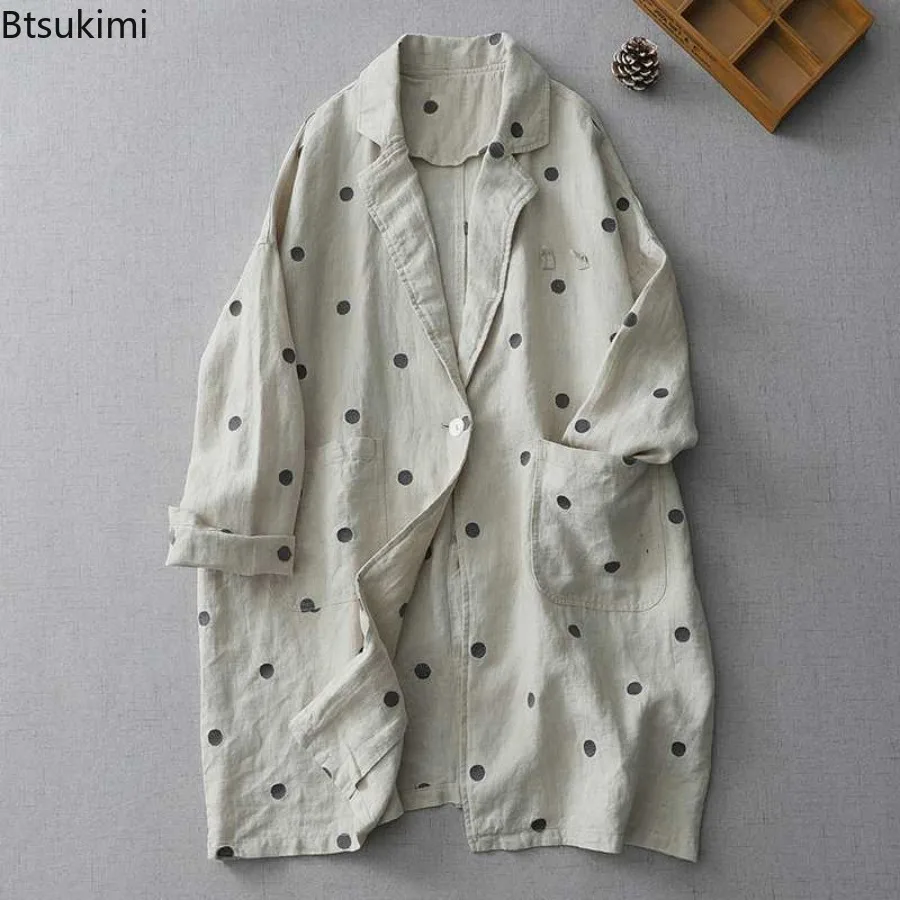 Spring New Women's Linen Trench Coats Retro Polka Dot Long Sleeve Suit Jackets Japanese Style Loose Casual Cardigans Women Coats