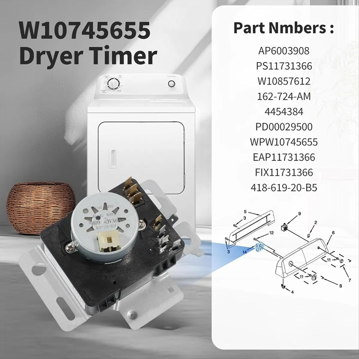 (AT52) W10745655 W10857612 W10436308 W11043389 Temporizador de Secadora para Whirlpool Amana 230VAC 60Hz Temporizador de Secadora NED4655EW1