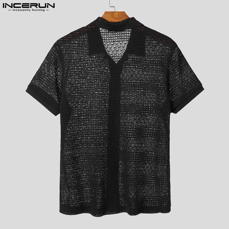 INCERUN الرجال قميص الجوف خارج انظر من خلال التلبيب قمصان قصيرة الأكمام ملابس الصيف الشارع الشهير 2025 موضة قمصان الذكور غير رسمية S-5XL
