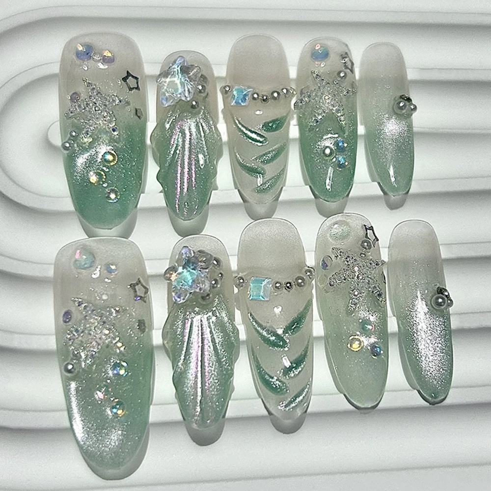 10PCS Summer Ocean Waves Fishtail Green Long Oval Handmade Press On Nails Cottagecore Stars Cat Eye Glitter Fake Nails Nail Art