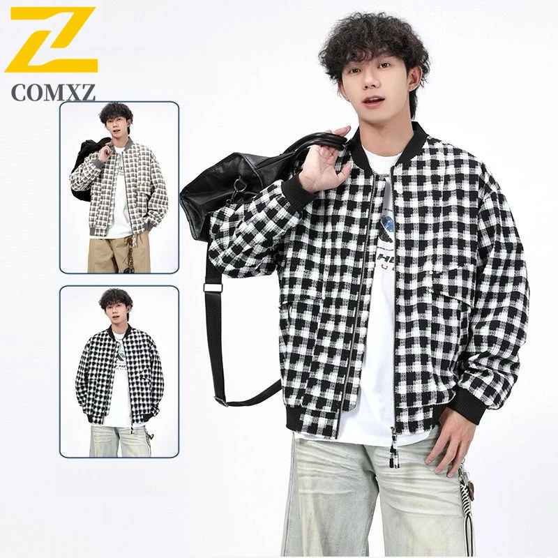 

COMXZ 2025 Mens Jacket Plus Size Autumn Lightweight Windproof Streetwear Travel Grid Jackets Trendy Casual Club Outerwear