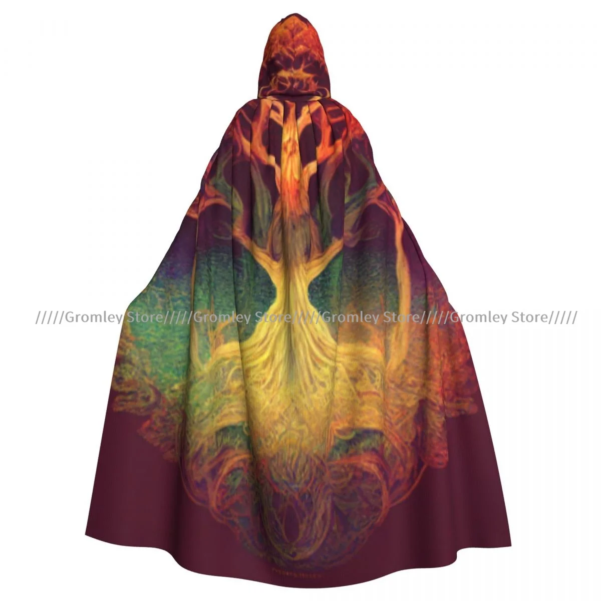 Unisex Halloween Cloak Yggdrasil Tree Cape Hooded Medieval Costume Witch Wicca Vampire