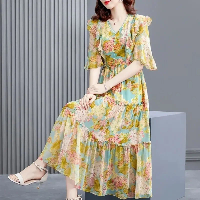 2025 Middle Aged Mother Loose Printing Thin Vestidos Retro Lady Medium Long Styles Long Dresses Summer Femme V-neck Maxi Dress