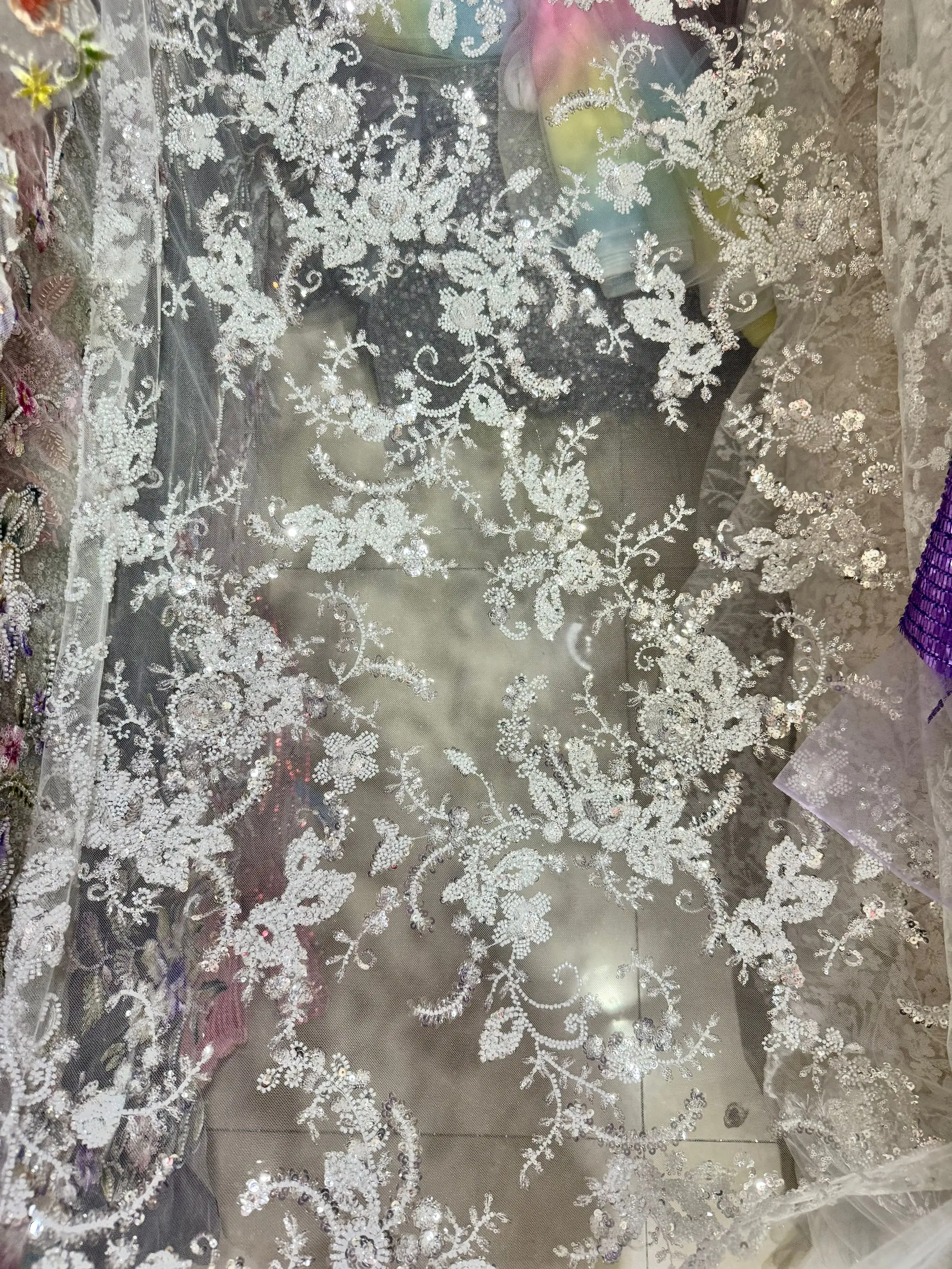

Custom Made High Quality Illusionary Sequin Crystal Mesh Wedding Dress Floral Fabric Beaded Embroidered Material Accessories
