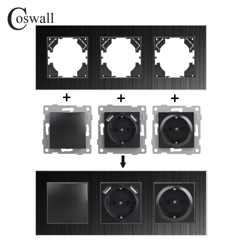 COSWALL HA Series Aluminum Panel  Wall Rocker Switch EU Socket USB Charging CAT6 Internet Satellite TV Module DIY Black