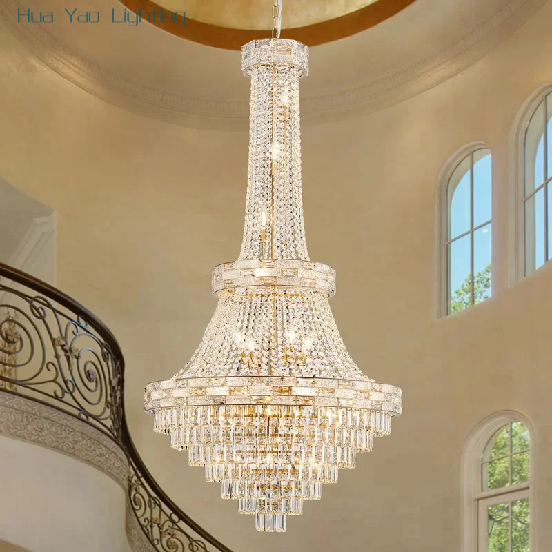 Luxury Gold Crystal Chandelier for High Ceiling Staircase Modern Large K9 Crystal Hanging Pendant Light Living Room Vila Lobby