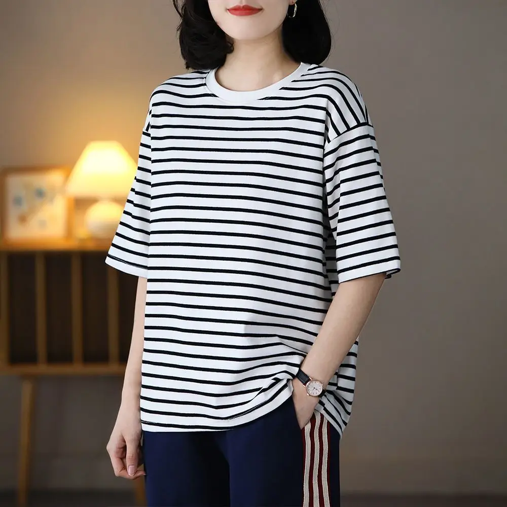 

Women's Clothing Striped Short Sleeve T-Shirt Round Neck Korean Style Summer Loose Fit Slimming Casual Trendy Top