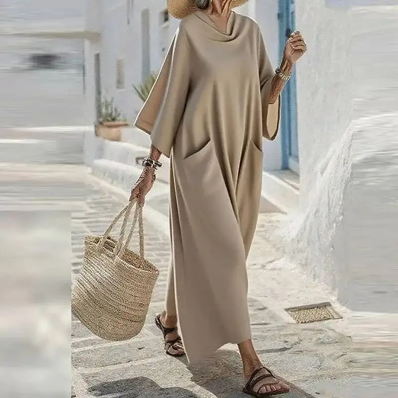 مثير س الرقبة كم الصلبة المرأة أنيقة عالية الخصر الساتان فضفاض فستان الحفلات ربيع الخريف موضة ثنيات فساتين طويلة