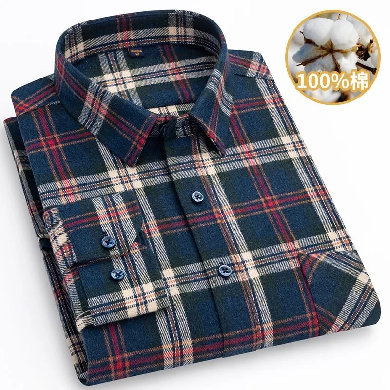 

Cotton Men's Shirt Long Sleeved Frosted Plaid Casual Jacket Loose Oversized Dad's Shirts Middle-aged Turn-down Collar Casual Top