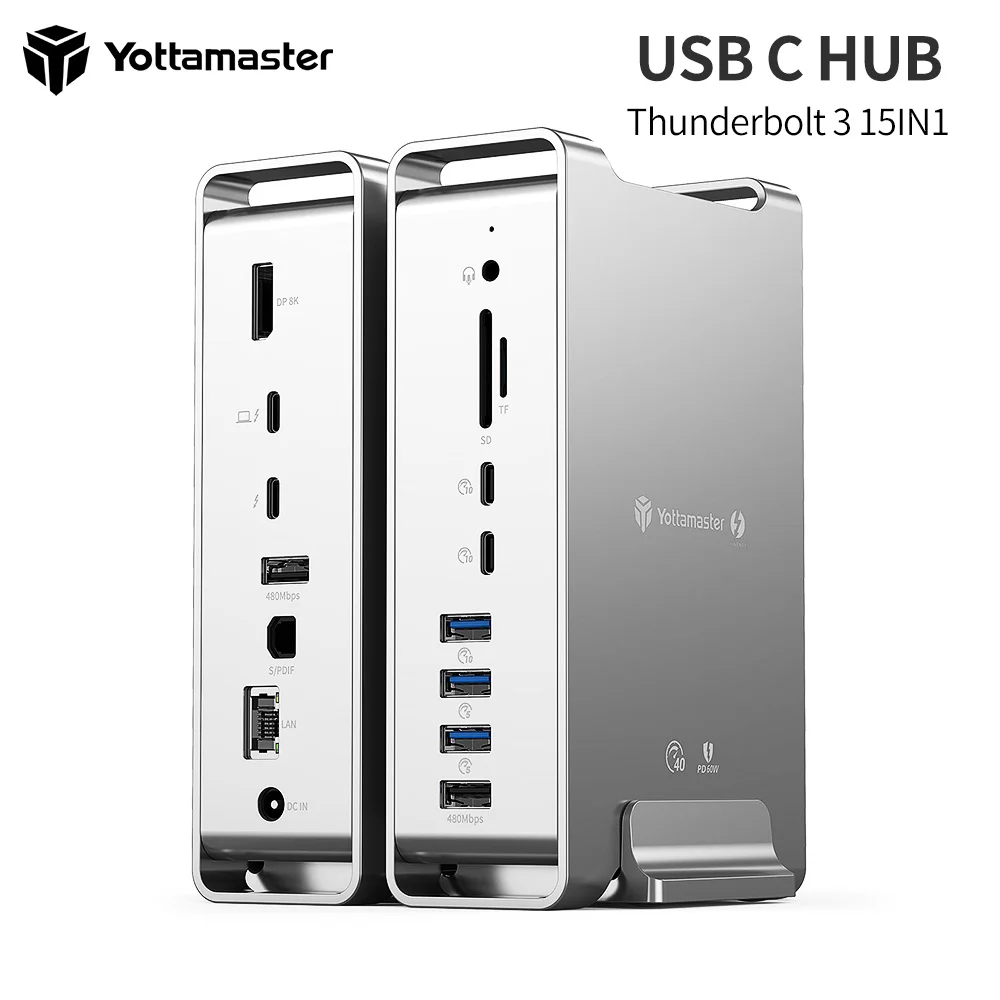 Yottamaster 15-in-1 Thunderbolt 3 USB C Docking Station with Dual 4K Display 65W Laptop Charging SD/TF, Thunderbolt 3 Hub