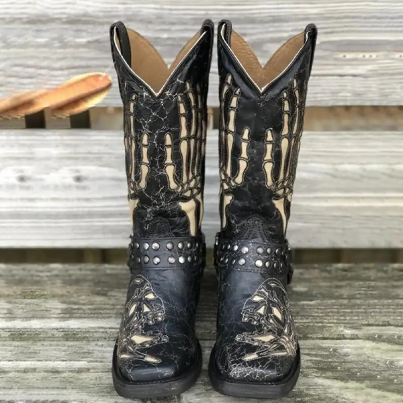 Totenkopfmuster Metallschnalle Ritterstiefel für Männer, Gothic Stil, Quadratische Zehenkappe, Gürtelschnalle, Schwarze Halbhohe Stiefel, Modisches Design, Schuhe mit Dicken Absätzen – Detail 5