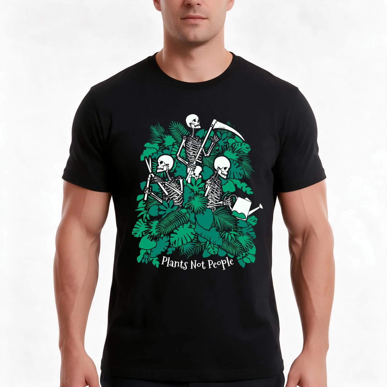 Plants Not People Introvert Goth Gardener Skeleton Halloween T-Shirt, Summer Casual Cotton Tee, Oversized Streetwear Tops