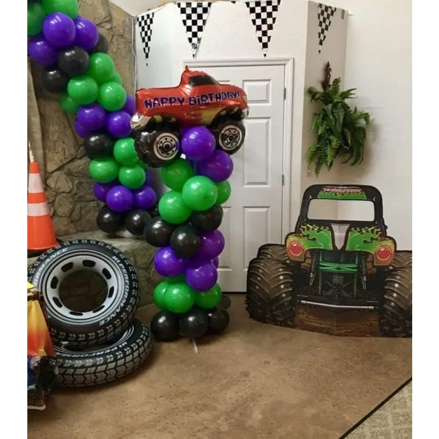 145Pcs Monster Truck Theme Purple and Green Black Balloon Garland Arch Kit with Big Wheels Checkered Foil Balloons for Truck Ra
