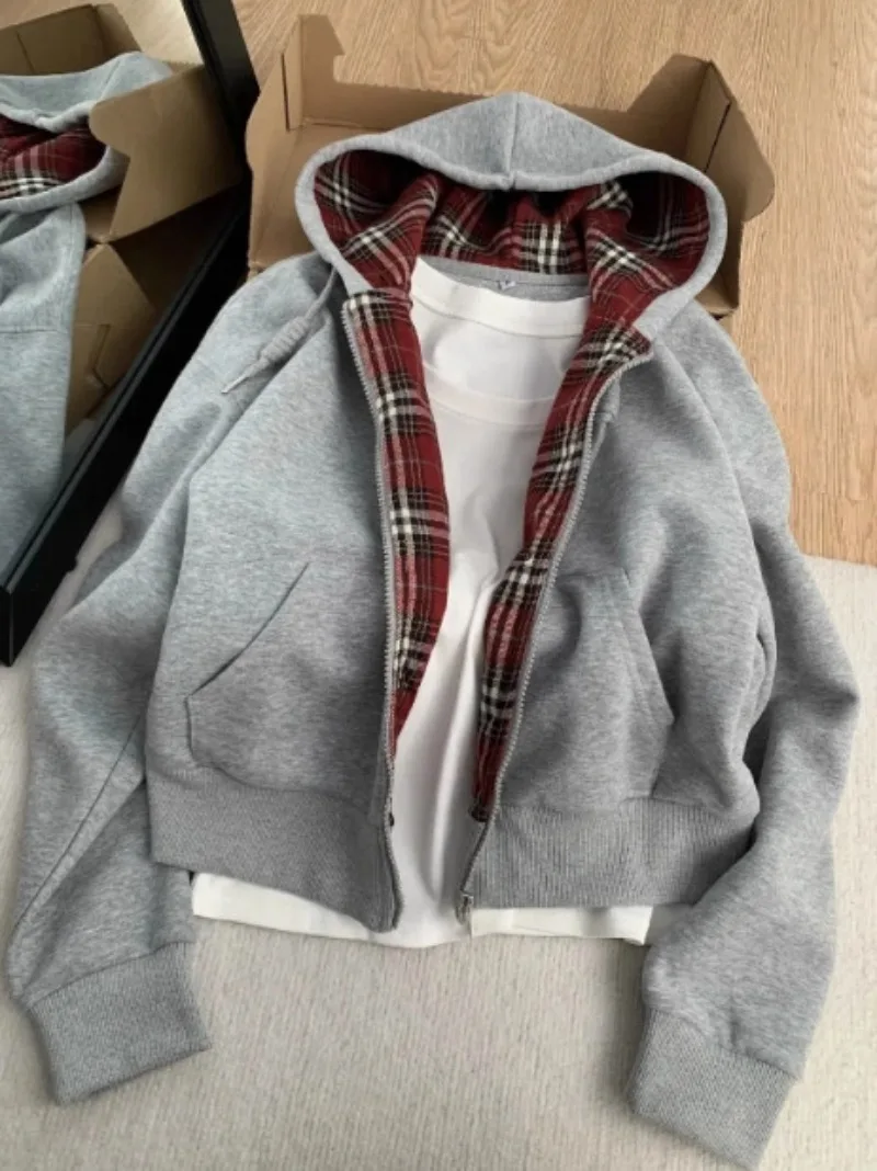 

Oversized Zipper Hoodie Sweatshirts Women's Y2K New Harajuku Gothic Casual Couple Street Wear Korean Fashion Plaid Printed Tops
