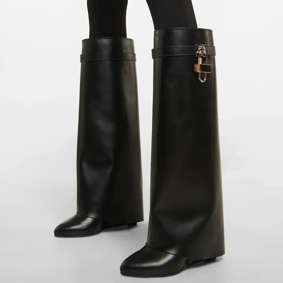 Knee High Winter Women Shark Boots With Lock Hot Sale Leather Wedges Height Increase Round To Leather Fashion Women Shoes