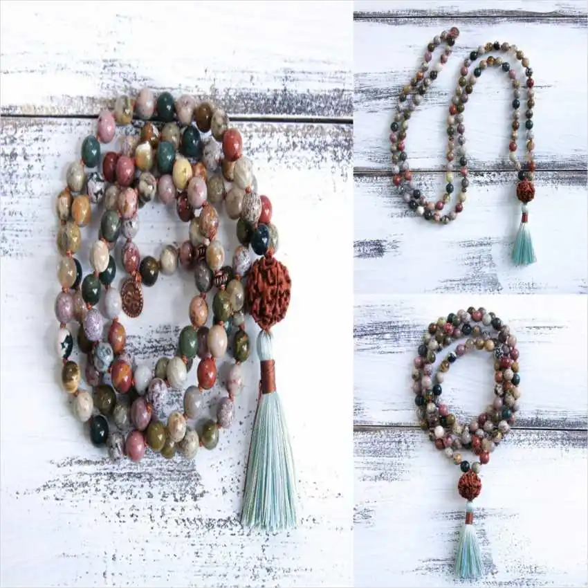 8mm Natural Ocean Jasper Rudraksha 108 Beads Tassel Necklace Teenagers Women Children Yoga Choker Gift Formal event Unisex Peace