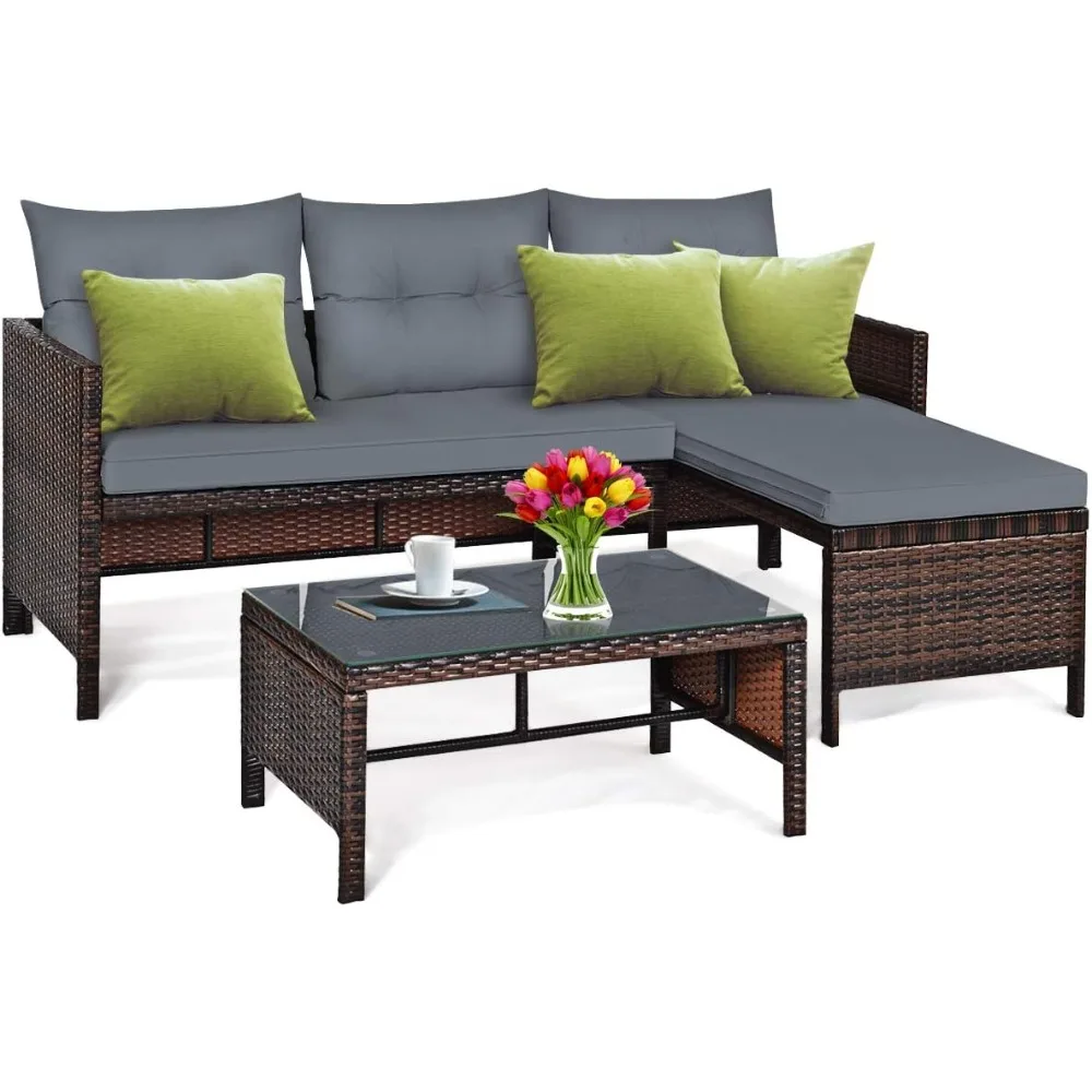 

3 Piece Wicker Patio Furniture Set, PE Rattan Outdoor Sectional Sofa Conversation Set with Loveseat, Lounge and Tempered