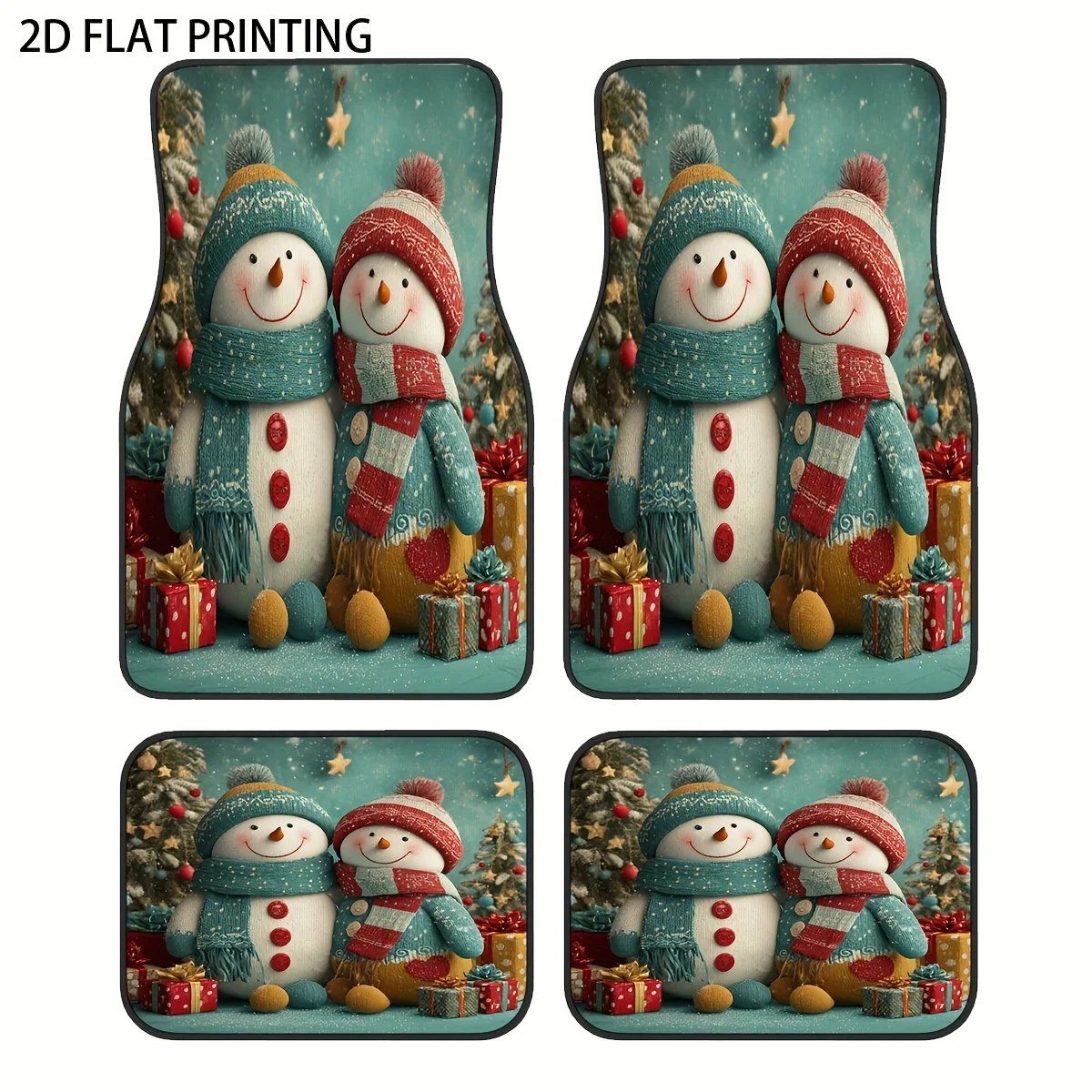 

4pcs Colorful Hat Snowman Interactive Fun Pattern Printed Car Mats, Universal Material All-Season Weatherproof Vehicle Interior