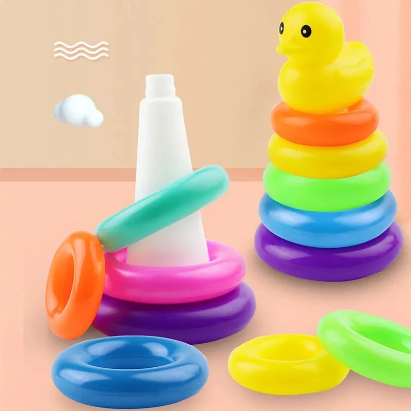 Sensory Toys Baby Stacking Rings Toy Duck Plastic Rainbow Stacker Toddler Learning Educational Toys Montessori Toys for Children