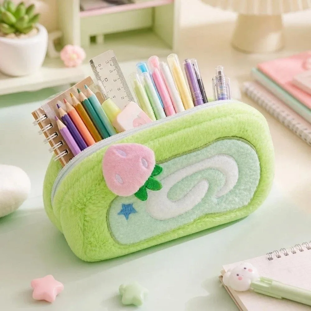 Strawberry Pencil Case Large Capacity Multifunctional Cake-shape Storage Bag Creative Swiss Roll Shape Pencil Bag