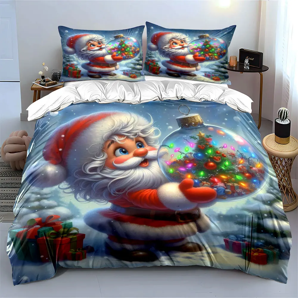 Santa holding a glowing ornament with a tiny Christmas tree Print Duvet Cover Bedding Set Included 1*Duvet Cover 2*Pillowcases