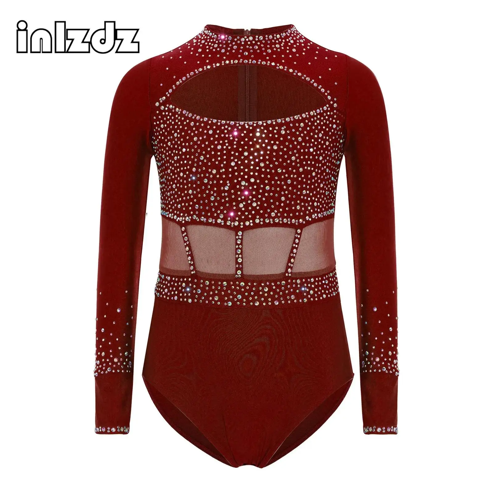 

Kids Girls Ballet Dance Leotard Long Sleeve Zipper Cutout Front Bodysuit Rhinestones Gymnastics Skating Performance Dancewear