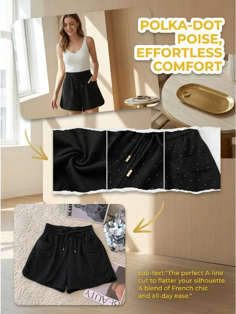 New Black White Diamond Shorts For Women Spring Summer Fashion Elastic Waist Drawstring Lace-up A-line Wide Leg Short Pant