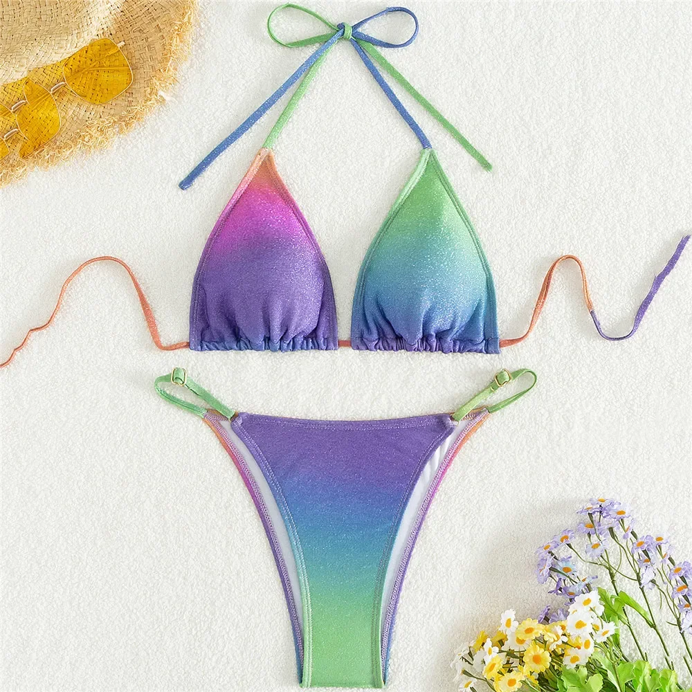 

Gradient Color Shiny Swimwear String Halter Triangle Micro Thong Bikini Set Women Sexy Swimsuits Bathing Suit Bikinis 2024 Mujer
